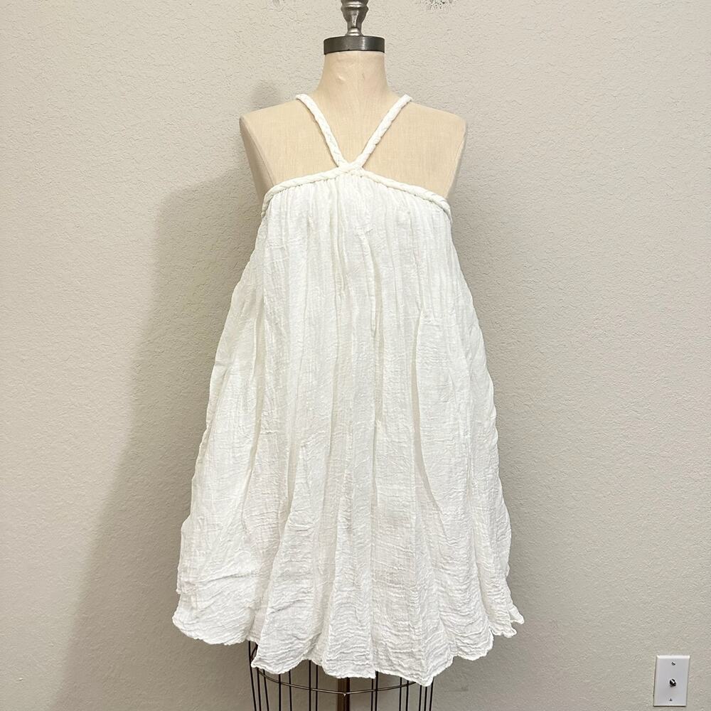 MANEBI Mini Dress White Crinkle Braided Straps Linen Trapeze Babydoll